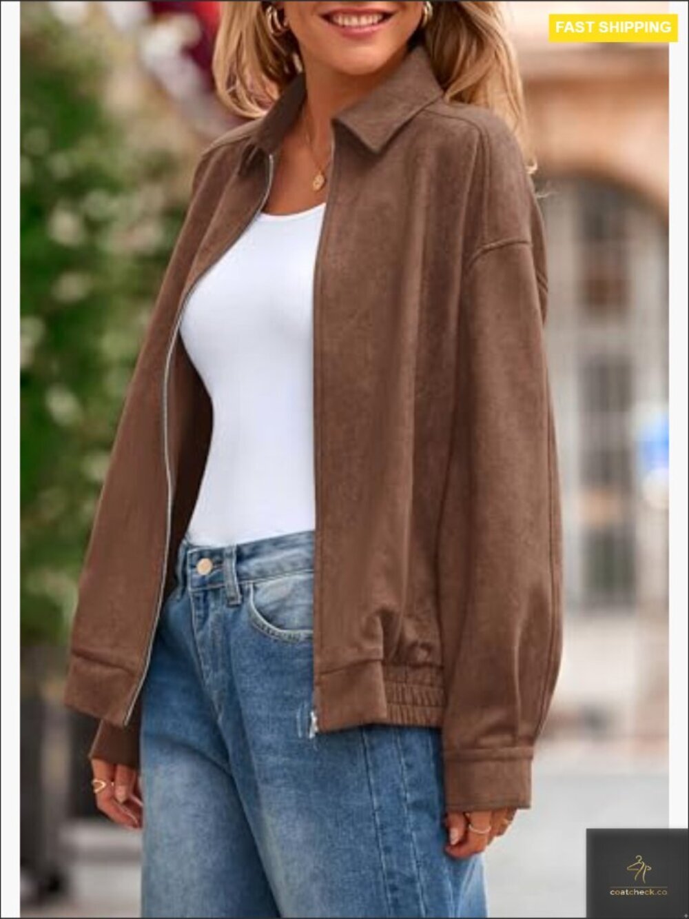 Faux Suede Bomber Jacket Oversized Aviator Style Zip Up Relaxed Fit - Picture 3 of 7